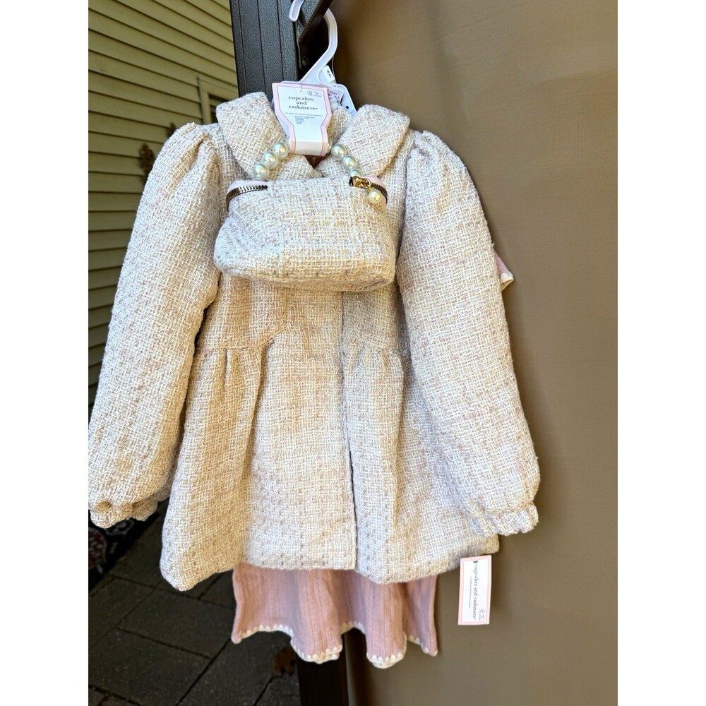 Cupcakes and Cashmere Girls 3pc Dress Set Tweed Jacket Bag Pink/Beige 4T